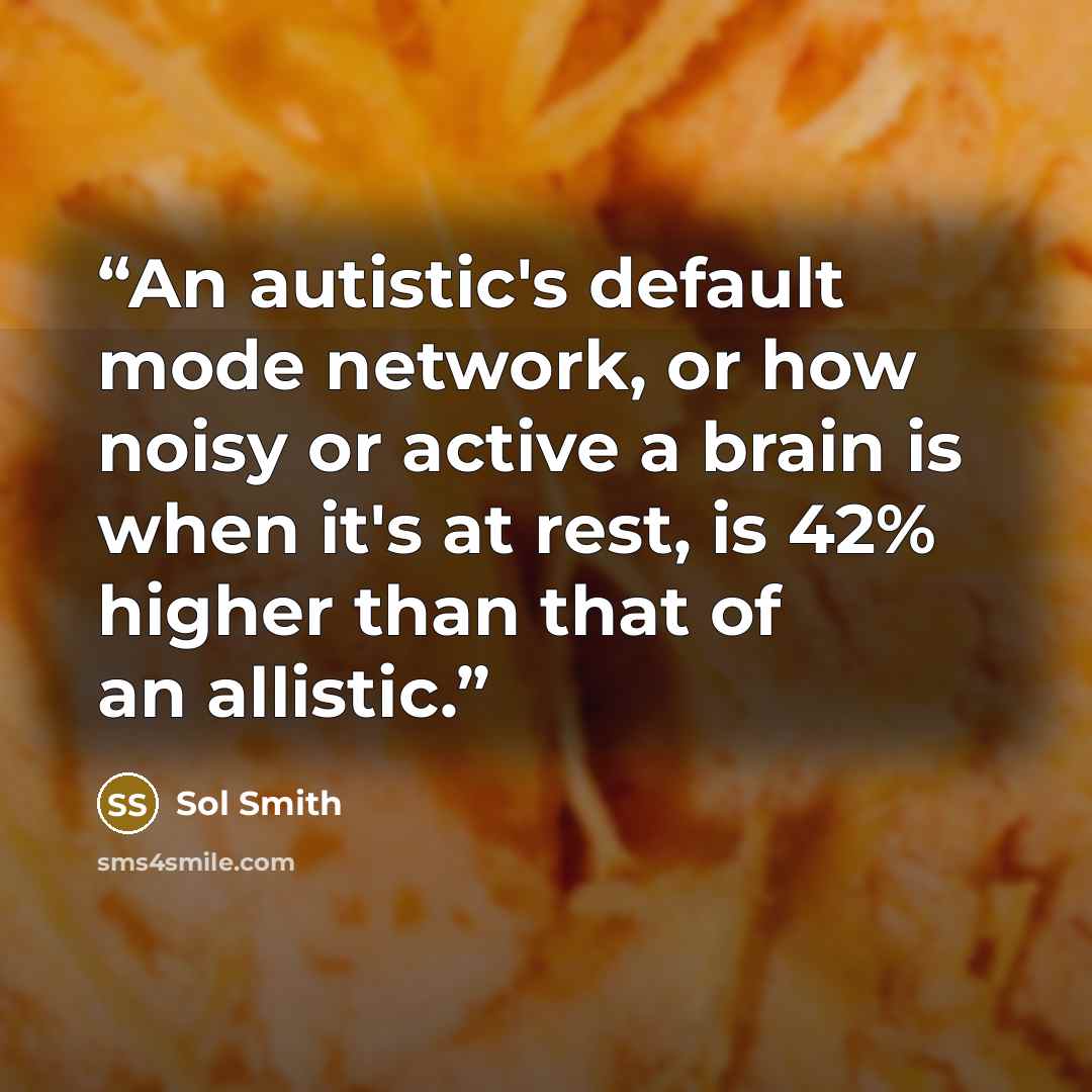 “An autistic's default mode network, or how noisy or active a brain is when it's at rest, is 42% higher than that of an allistic.” quote by Sol Smith