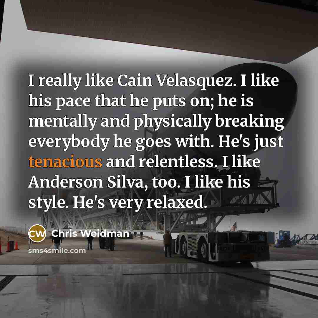 “I really like Cain Velasquez. I like his pace that he puts on; he is mentally and physically breaking everybody he goes with. He's just tenacious and relentless. I like Anderson Silva, too. I like his style. He's very relaxed.” quote by Chris Weidman