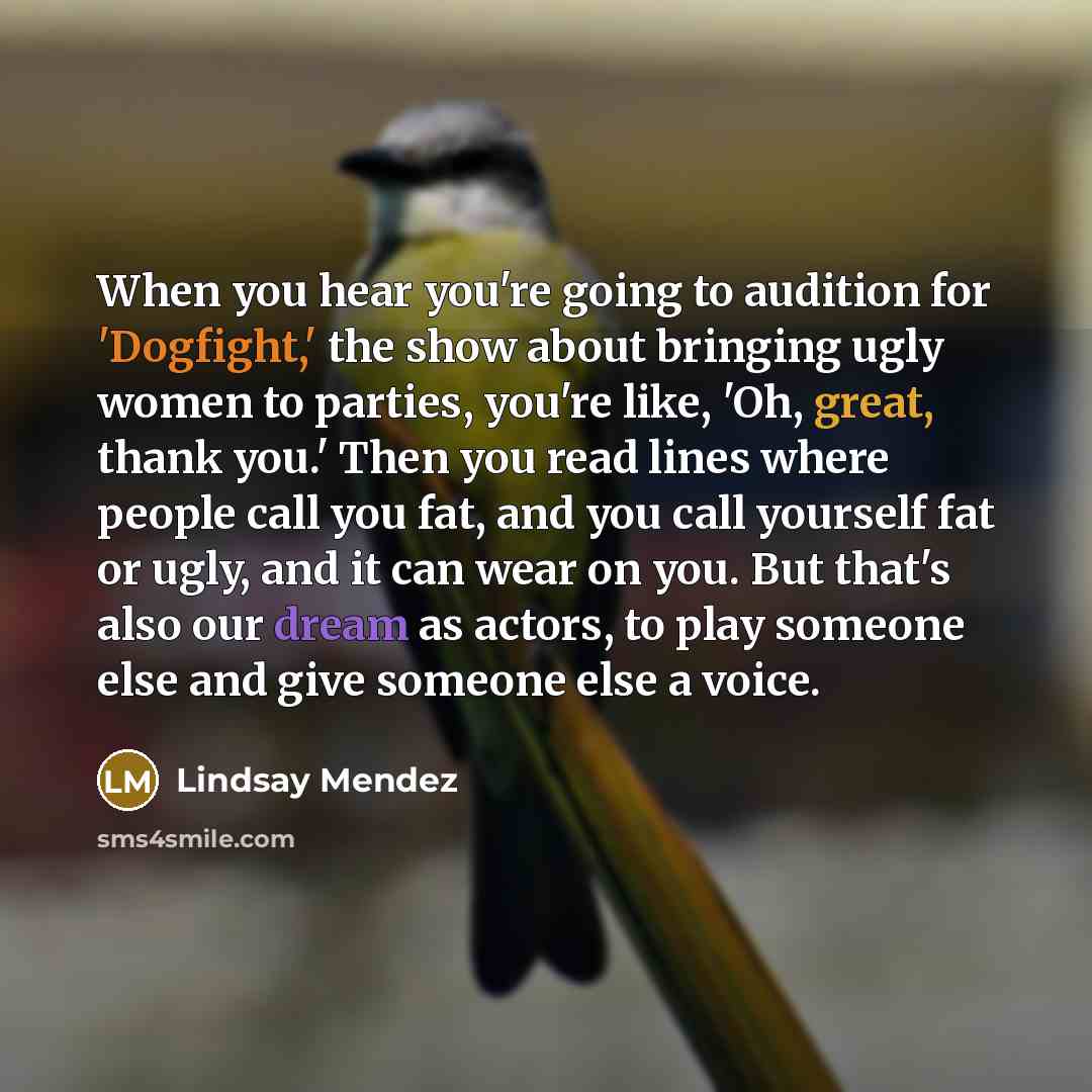 “When you hear you're going to audition for 'Dogfight,' the show about bringing ugly women to parties, you're like, 'Oh, great, thank you.' Then you read lines where people call you fat, and you call yourself fat or ugly, and it can wear on you. But that's also our dream as actors, to play someone…” quote by Lindsay Mendez