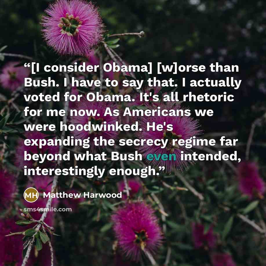 “[I consider Obama] [w]orse than Bush. I have to say that. I actually voted for Obama. It's all rhetoric for me now. As Americans we were hoodwinked. He's expanding the secrecy regime far beyond what Bush even intended, interestingly enough.” quote by Matthew Harwood