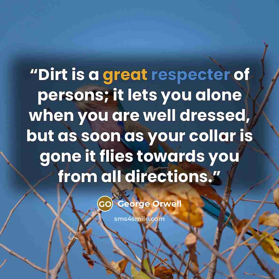 “Dirt is a great respecter of persons; it lets you alone when you are well dressed, but as soon as your collar is gone it flies towards you from all directions.” quote by George Orwell