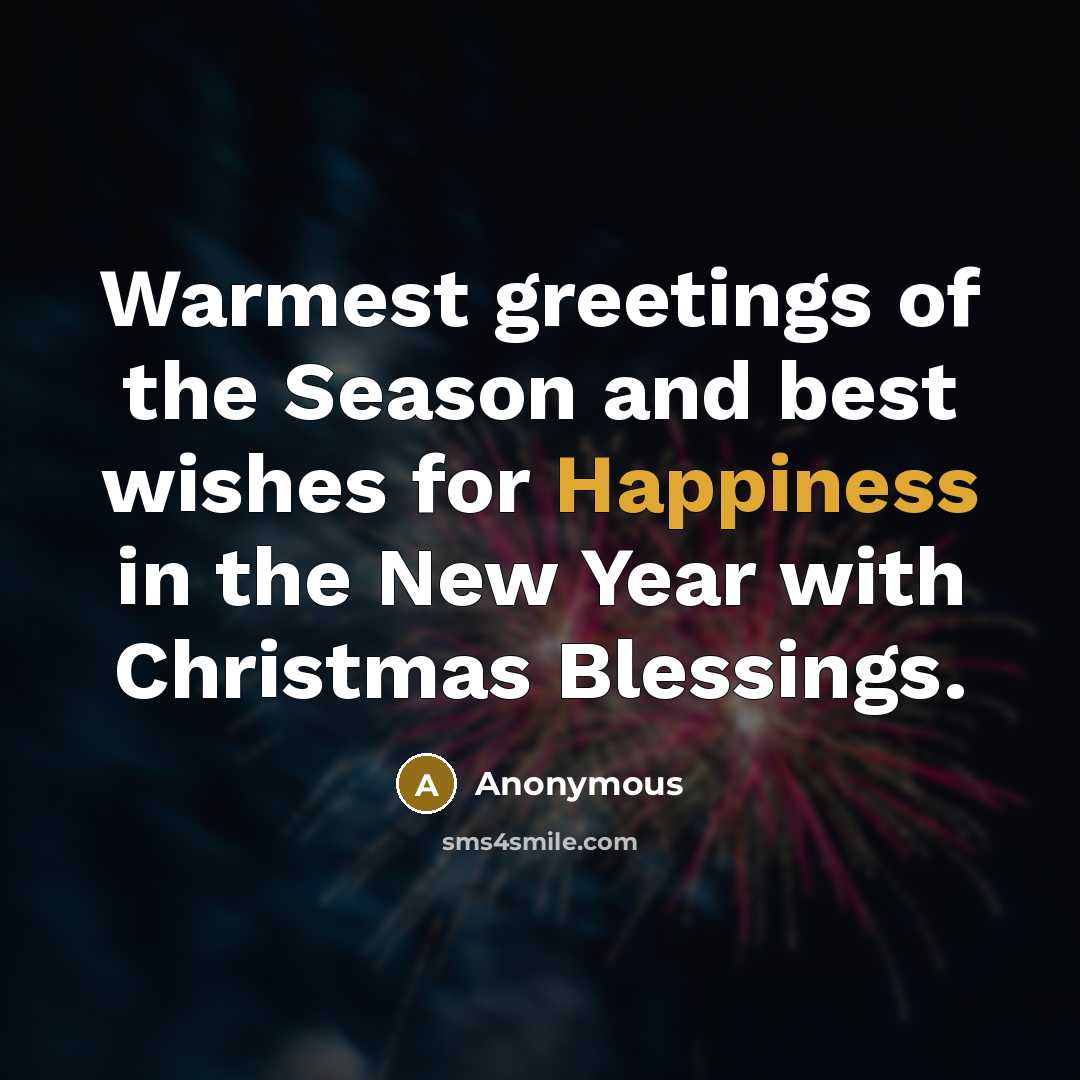 “Warmest greetings of the Season and best wishes for Happiness in the New Year with Christmas Blessings.” quote by Anonymous