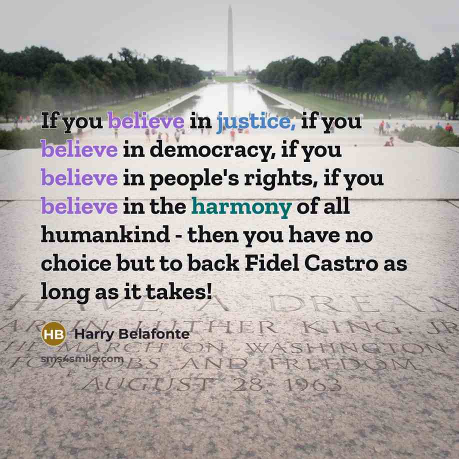 “If you believe in justice, if you believe in democracy,…” quote by Harry Belafonte