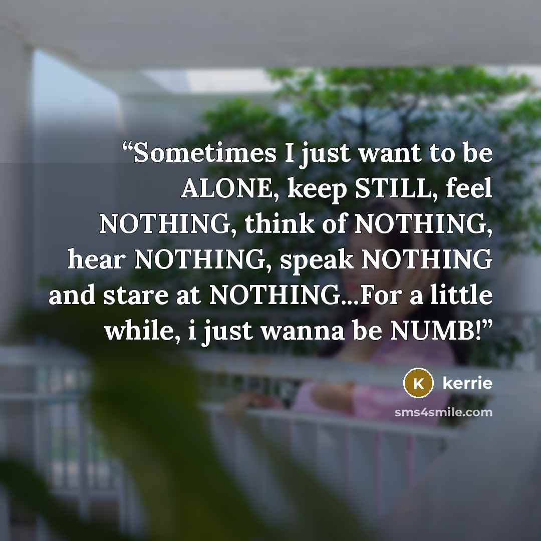 “Sometimes I just want to be ALONE, keep STILL, feel NOTHING, think of NOTHING, hear NOTHING, speak NOTHING and stare at NOTHING...For a little while, i just wanna be NUMB!” quote by kerrie