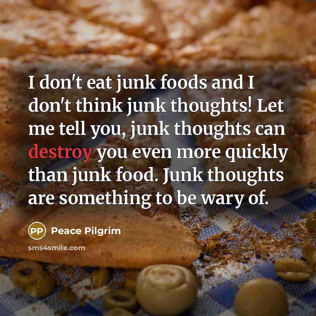 “I don't eat junk foods and I don't think junk…” quote by Peace Pilgrim