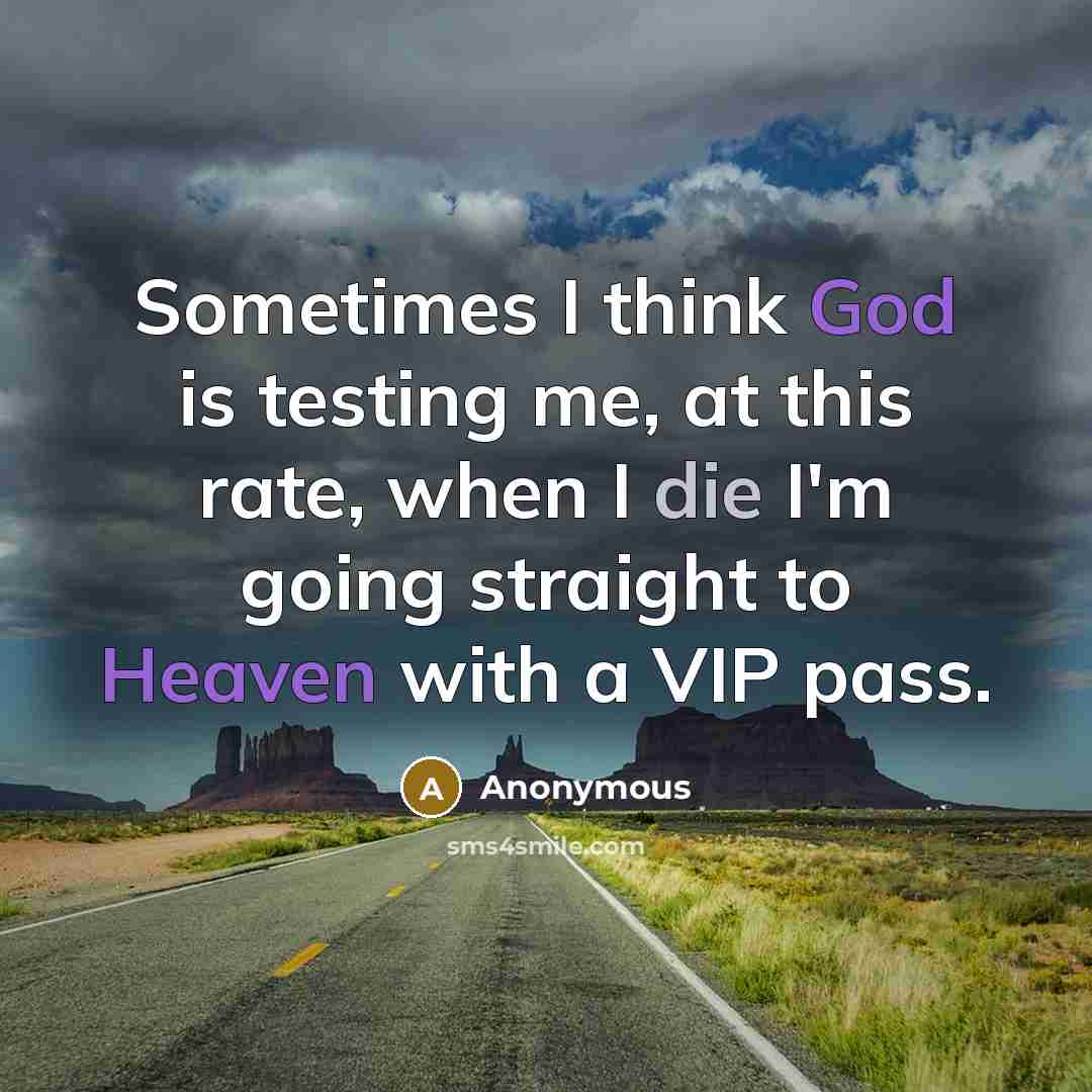 “Sometimes I think God is testing me, at this rate, when I die I'm going straight to Heaven with a VIP pass.” quote by Anonymous