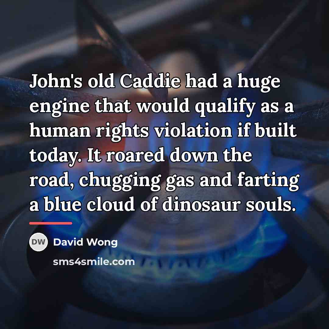 “John's old Caddie had a huge engine that would qualify…” quote by David Wong