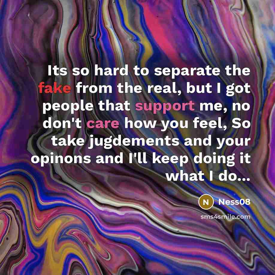 “Its so hard to separate the fake from the real, but I got people that support me, no don't care how you feel, So take jugdements and your opinons and I'll keep doing it what I do...” quote by Ness08