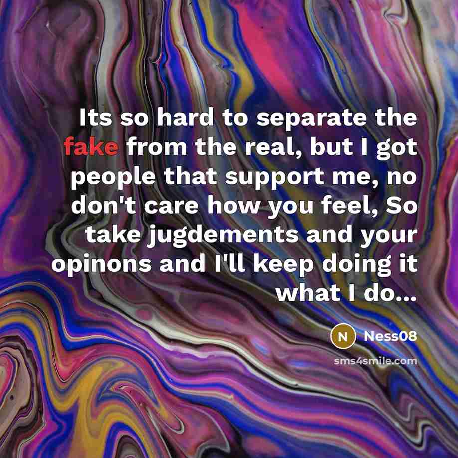 “Its so hard to separate the fake from the real, but I got people that support me, no don't care how you feel, So take jugdements and your opinons and I'll keep doing it what I do...” quote by Ness08