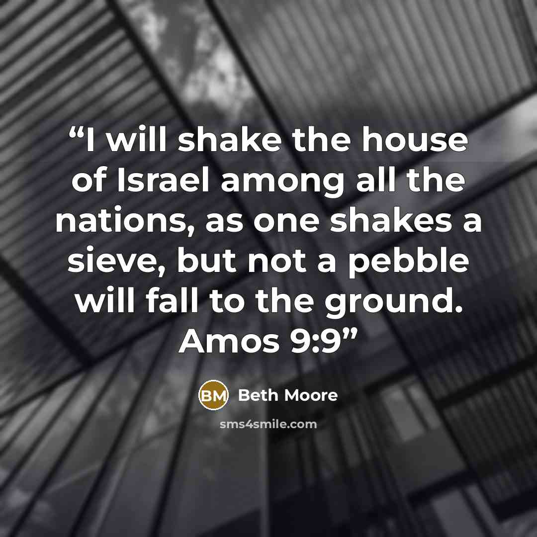 “I will shake the house of Israel among all the nations, as one shakes a sieve, but not a pebble will fall to the ground. Amos 9:9” quote by Beth Moore