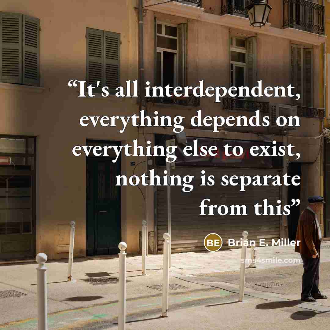 “It's all interdependent, everything depends on everything else to exist, nothing is separate from this” quote by Brian E. Miller