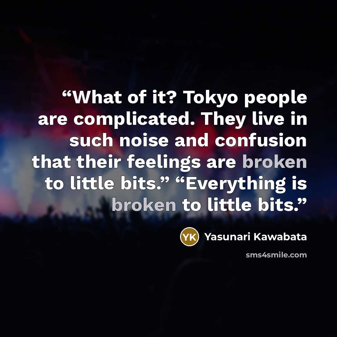 “What of it? Tokyo people are complicated. They live in such noise and confusion that their feelings are broken to little bits.” “Everything is broken to little bits.” quote by Yasunari Kawabata