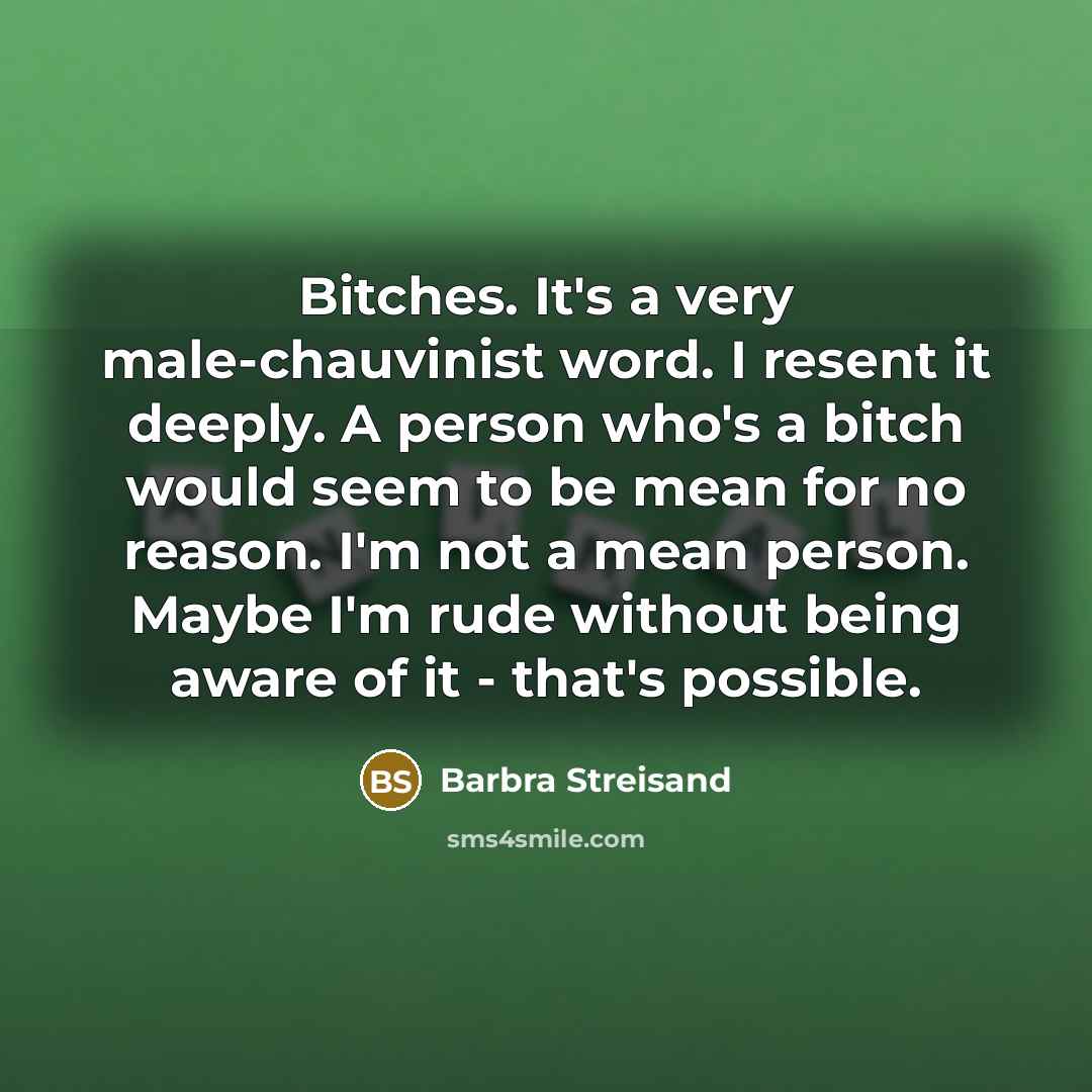 “Bitches. It's a very male-chauvinist word. I resent it deeply. A person who's a bitch would seem to be mean for no reason. I'm not a mean person. Maybe I'm rude without being aware of it - that's possible.” quote by Barbra Streisand