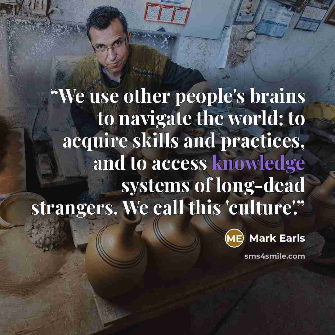 “We use other people's brains to navigate the world: to acquire skills and practices, and to access knowledge systems of long-dead strangers. We call this 'culture'.” quote by Mark Earls