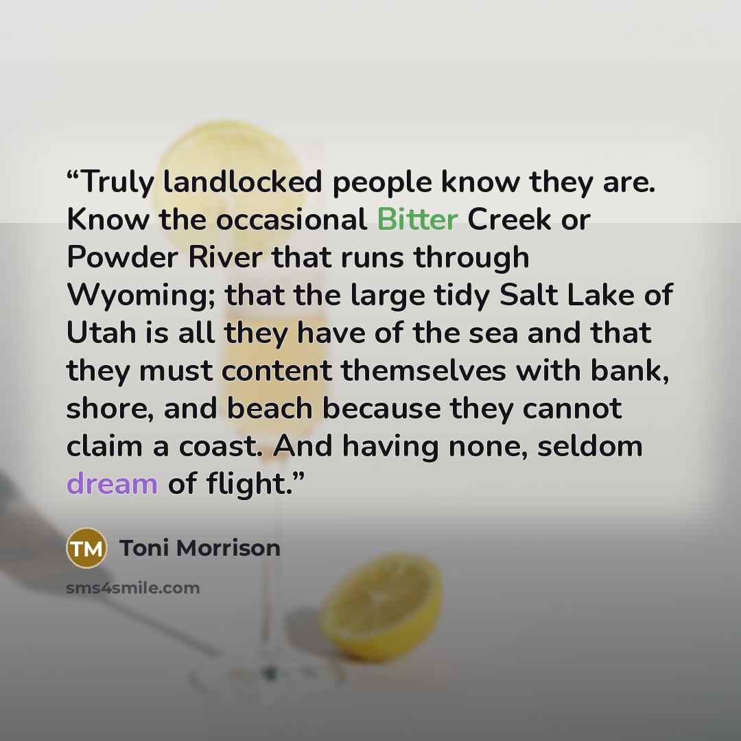 “Truly landlocked people know they are. Know the occasional Bitter Creek or Powder River that runs through Wyoming; that the large tidy Salt Lake of Utah is all they have of the sea and that they must content themselves with bank, shore, and beach because they cannot claim a coast. And having none…” quote by Toni Morrison