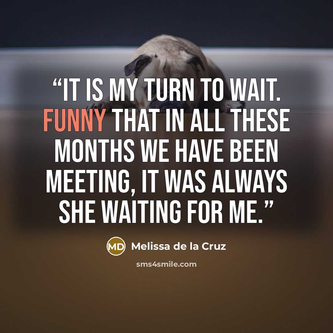 “It is my turn to wait. Funny that in all these months we have been meeting, it was always she waiting for me.” quote by Melissa de la Cruz