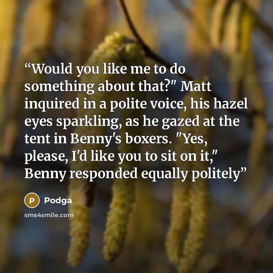 “Would you like me to do something about that?" Matt inquired in a polite voice, his hazel eyes sparkling, as he gazed at the tent in Benny's boxers. "Yes, please, I'd like you to sit on it," Benny responded equally politely” quote by Podga