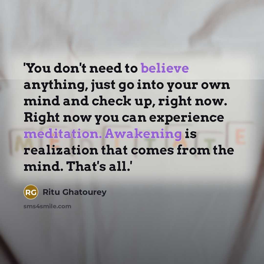 “'You don't need to believe anything, just go into your own mind and check up, right now. Right now you can experience meditation. Awakening is realization that comes from the mind. That's all.'” quote by Ritu Ghatourey