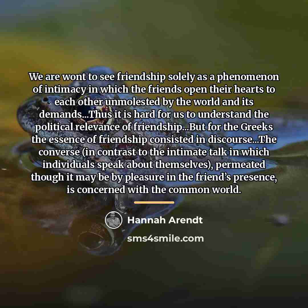 “We are wont to see friendship solely as a phenomenon…” quote by Hannah Arendt