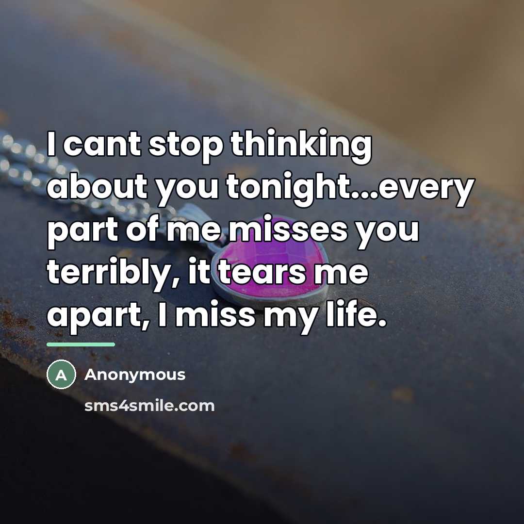 “I cant stop thinking about you tonight...every part of me misses you terribly, it tears me apart, I miss my life.” quote by Anonymous