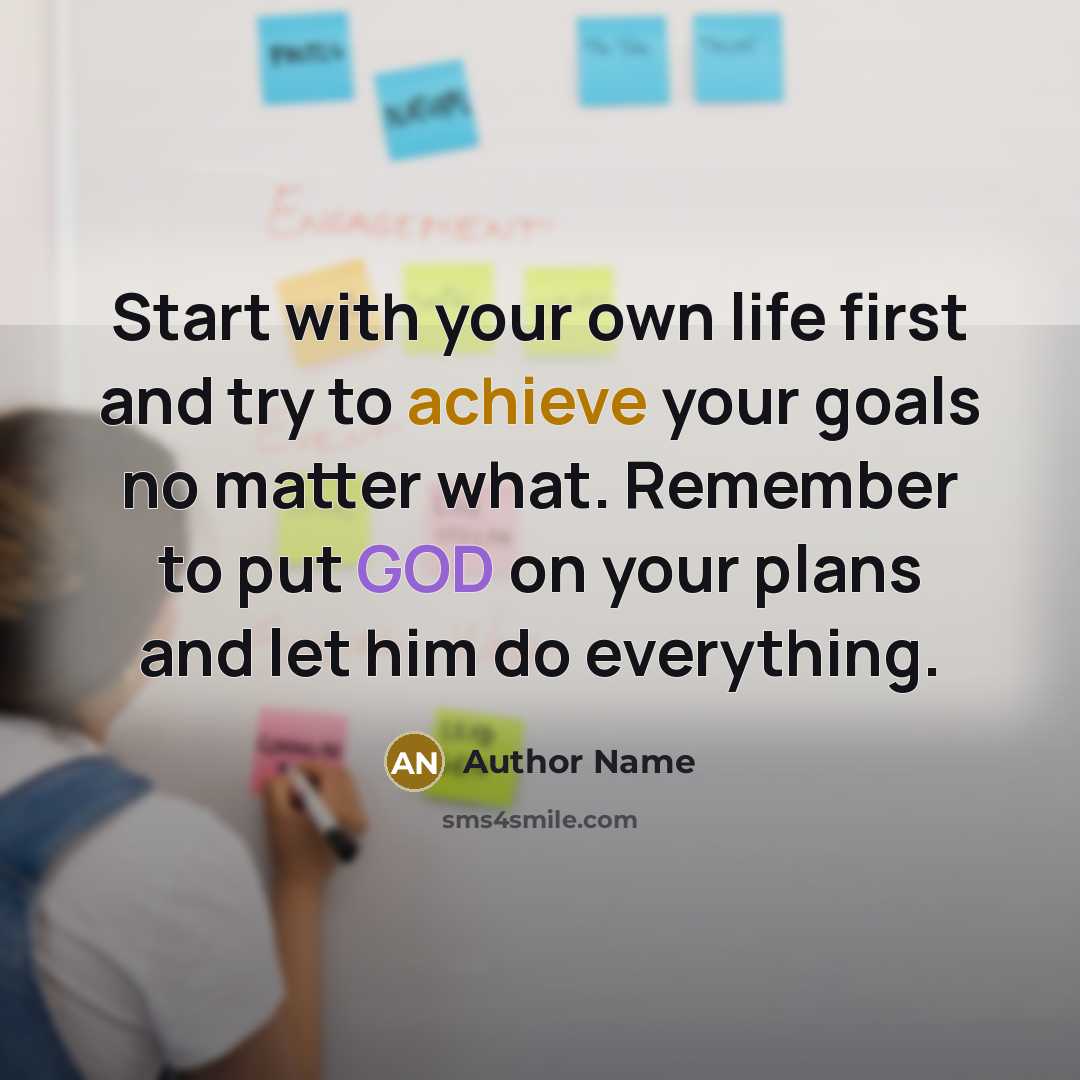 “Start with your own life first and try to achieve your goals no matter what. Remember to put GOD on your plans and let him do everything.” quote by Author Name