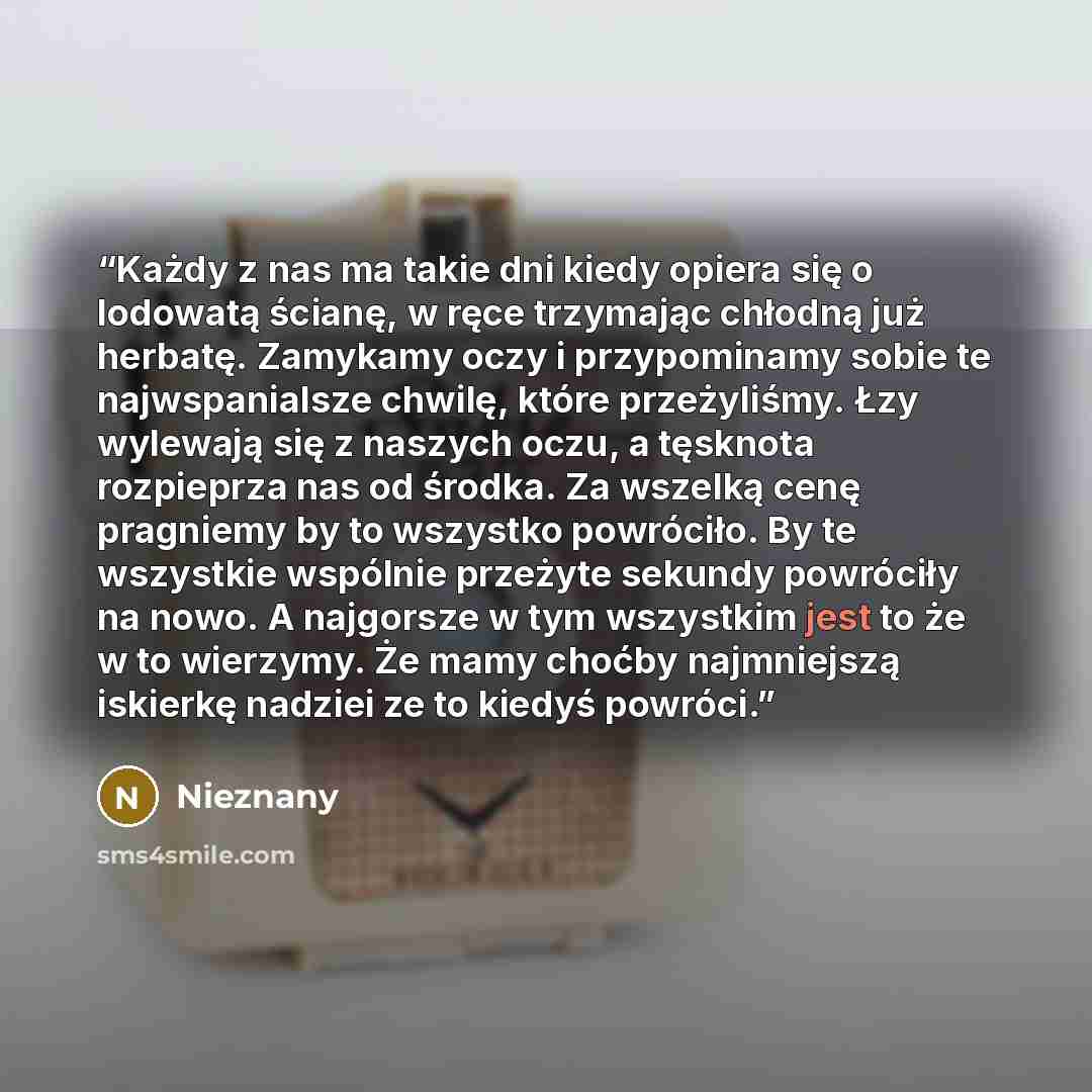 “Każdy z nas ma takie dni kiedy opiera się o lodowatą ścianę, w ręce trzymając chłodną już herbatę. Zamykamy oczy i przypominamy sobie te najwspanialsze chwilę, które przeżyliśmy. Łzy wylewają się z naszych oczu, a tęsknota rozpieprza nas od środka. Za wszelką cenę pragniemy by to wszystko…” quote by Nieznany