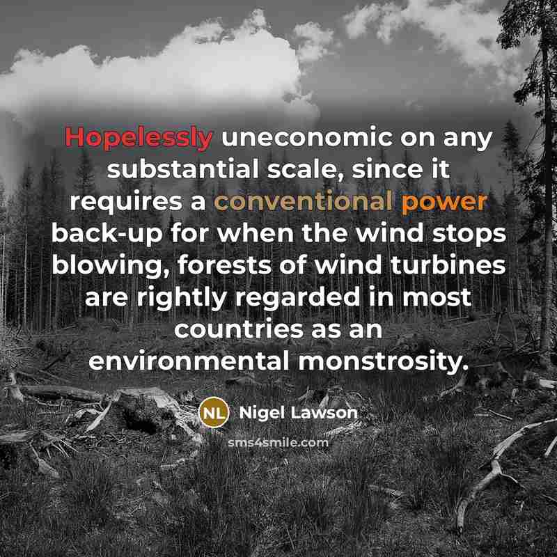 “Hopelessly uneconomic on any substantial scale, since it requires a conventional power back-up for when the wind stops blowing, forests of wind turbines are rightly regarded in most countries as an environmental monstrosity.” quote by Nigel Lawson