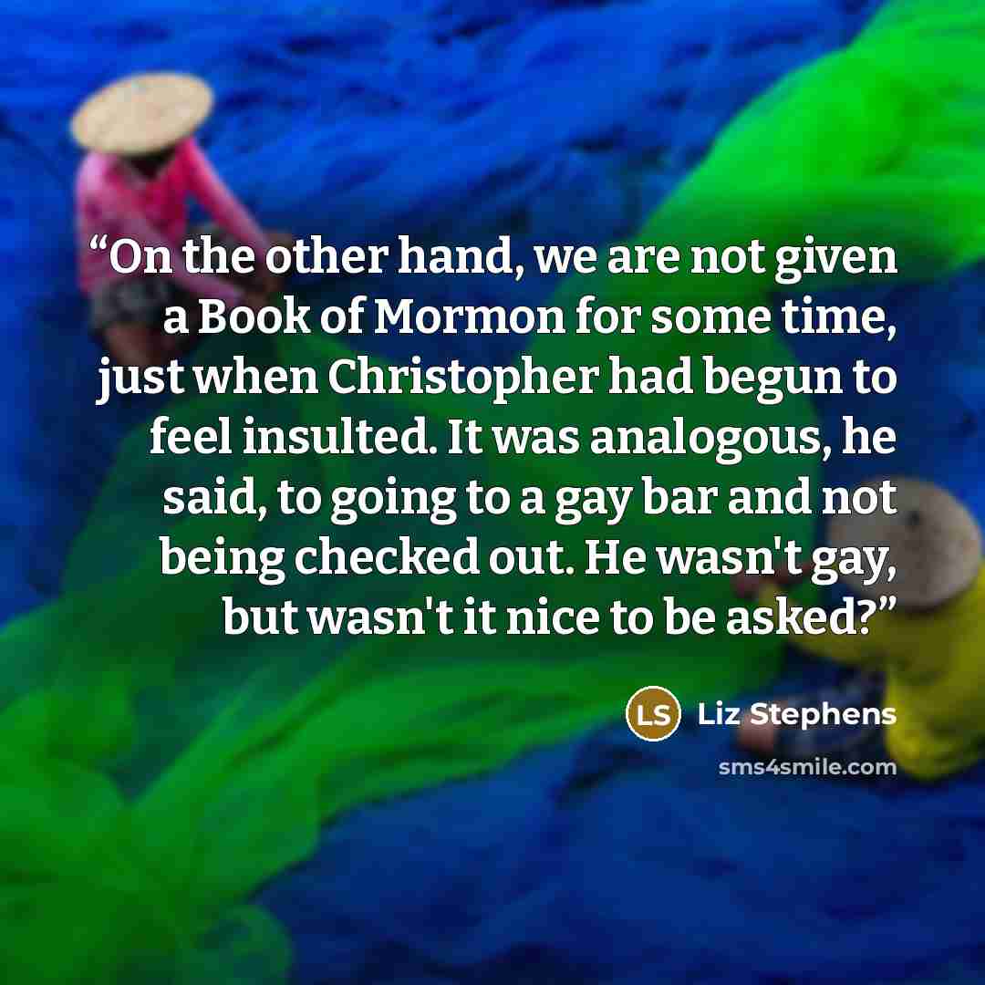 “On the other hand, we are not given a Book of Mormon for some time, just when Christopher had begun to feel insulted. It was analogous, he said, to going to a gay bar and not being checked out. He wasn't gay, but wasn't it nice to be asked?” quote by Liz Stephens
