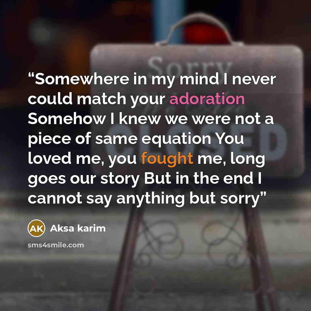 “Somewhere in my mind I never could match your adoration Somehow I knew we were not a piece of same equation You loved me, you fought me, long goes our story But in the end I cannot say anything but sorry” quote by Aksa karim