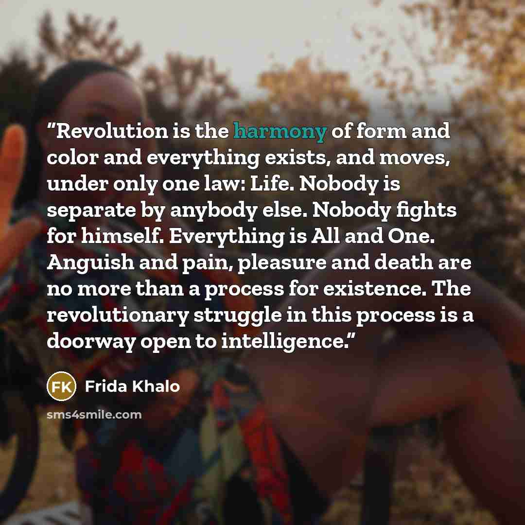 “Revolution is the harmony of form and color and everything exists, and moves, under only one law: Life. Nobody is separate by anybody else. Nobody fights for himself. Everything is All and One. Anguish and pain, pleasure and death are no more than a process for existence. The revolutionary…” quote by Frida Khalo