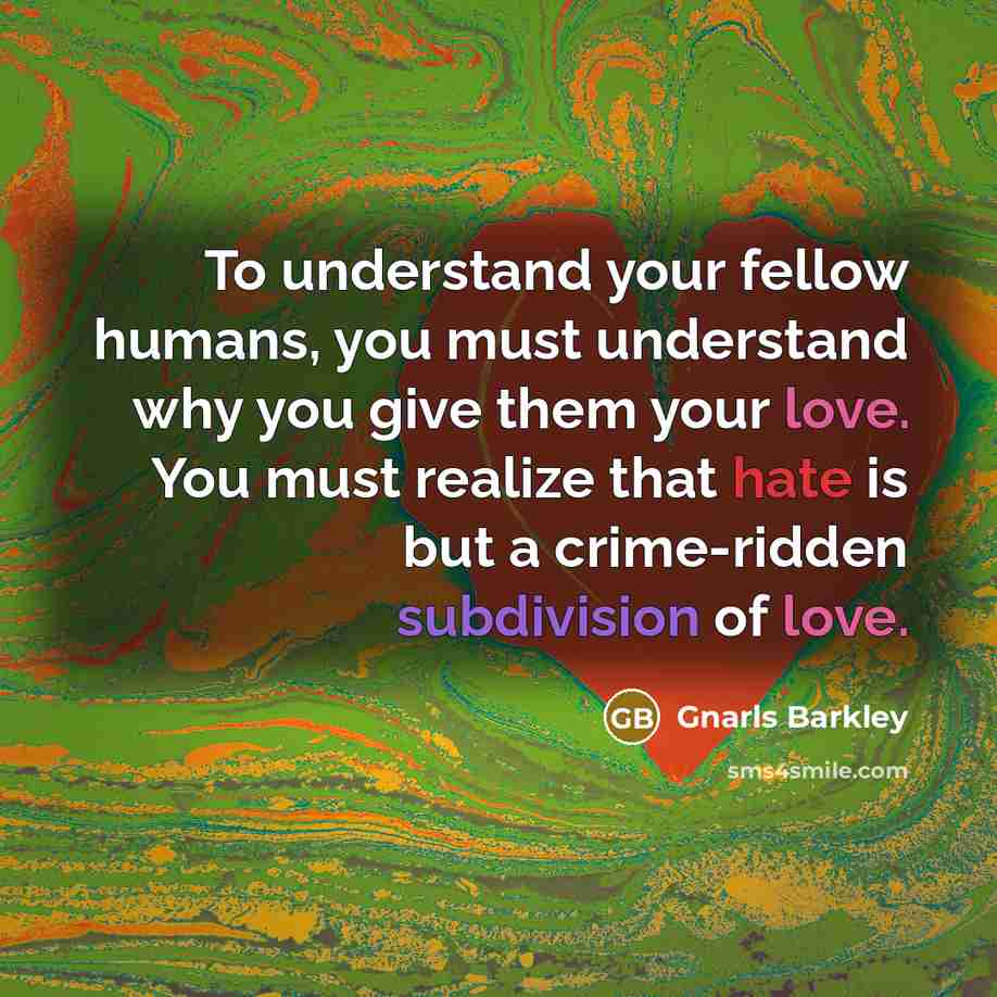 “To understand your fellow humans, you must understand why you give them your love. You must realize that hate is but a crime-ridden subdivision of love.” quote by Gnarls Barkley
