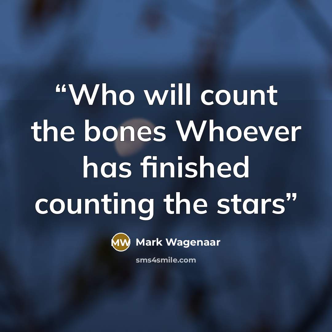 “Who will count the bones Whoever has finished counting the stars” quote by Mark Wagenaar