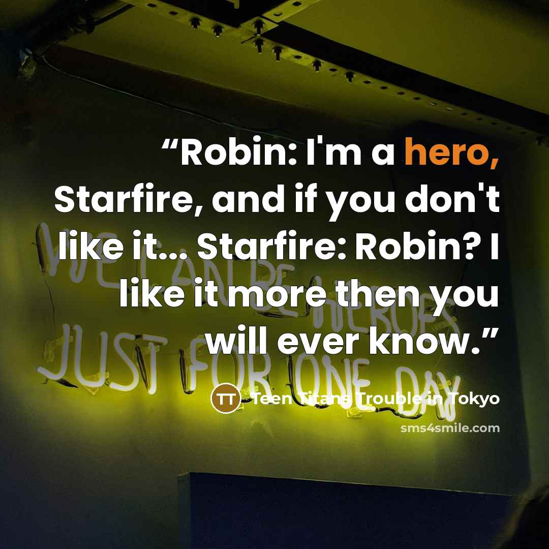“Robin: I'm a hero, Starfire, and if you don't like it... Starfire: Robin? I like it more then you will ever know.” quote by Teen Titans Trouble in Tokyo