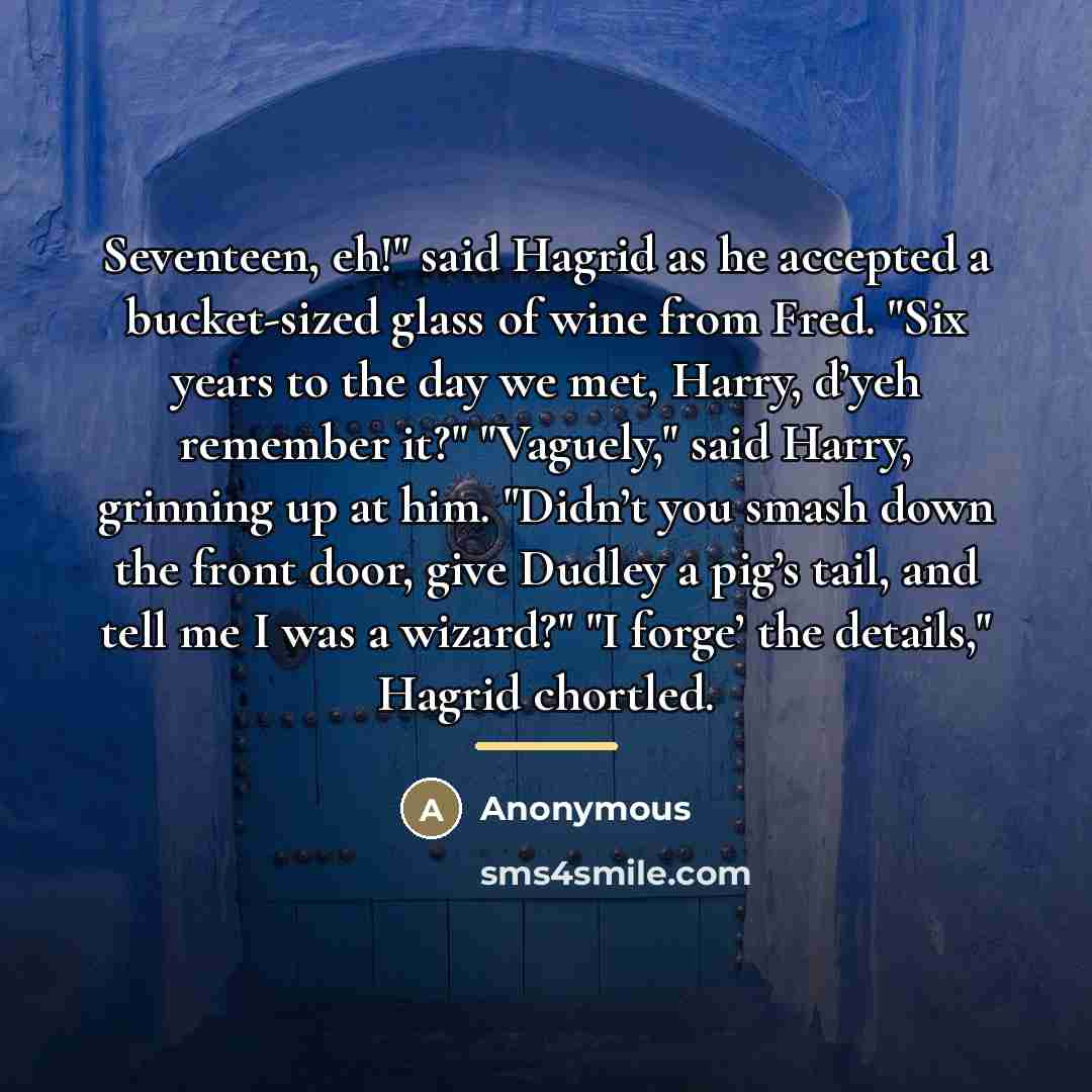 “Seventeen, eh!" said Hagrid as he accepted a bucket-sized glass…” quote by Anonymous