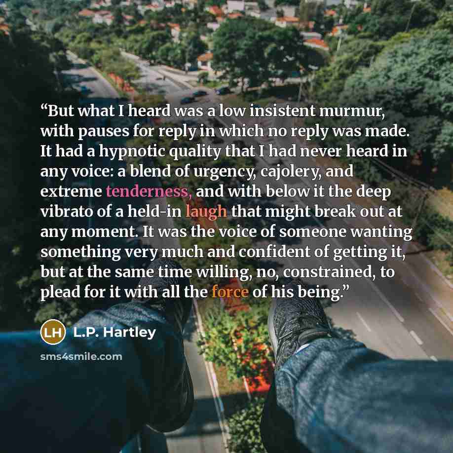 “But what I heard was a low insistent murmur, with pauses for reply in which no reply was made. It had a hypnotic quality that I had never heard in any voice: a blend of urgency, cajolery, and extreme tenderness, and with below it the deep vibrato of a held-in laugh that might break out at any…” quote by L.P. Hartley