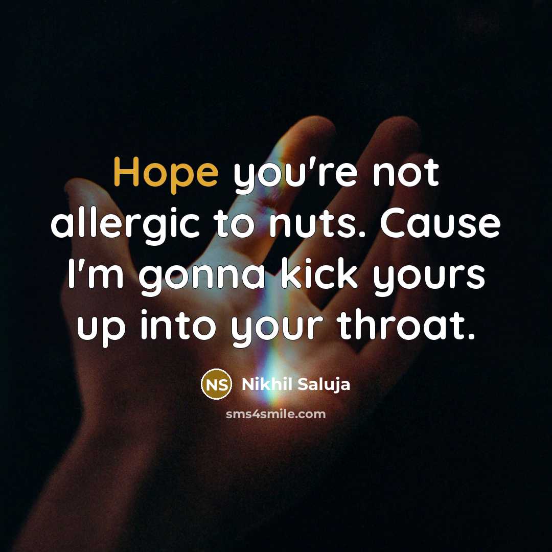 “Hope you're not allergic to nuts. Cause I'm gonna kick…” quote by Nikhil Saluja