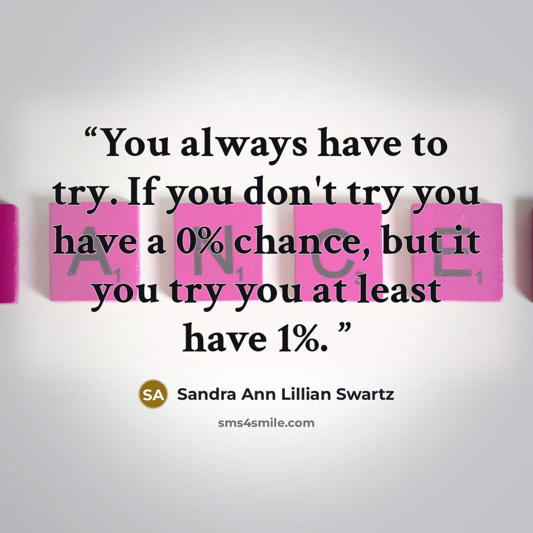 “You always have to try. If you don't try you have a 0% chance, but it you try you at least have 1%.” quote by Sandra Ann Lillian Swartz