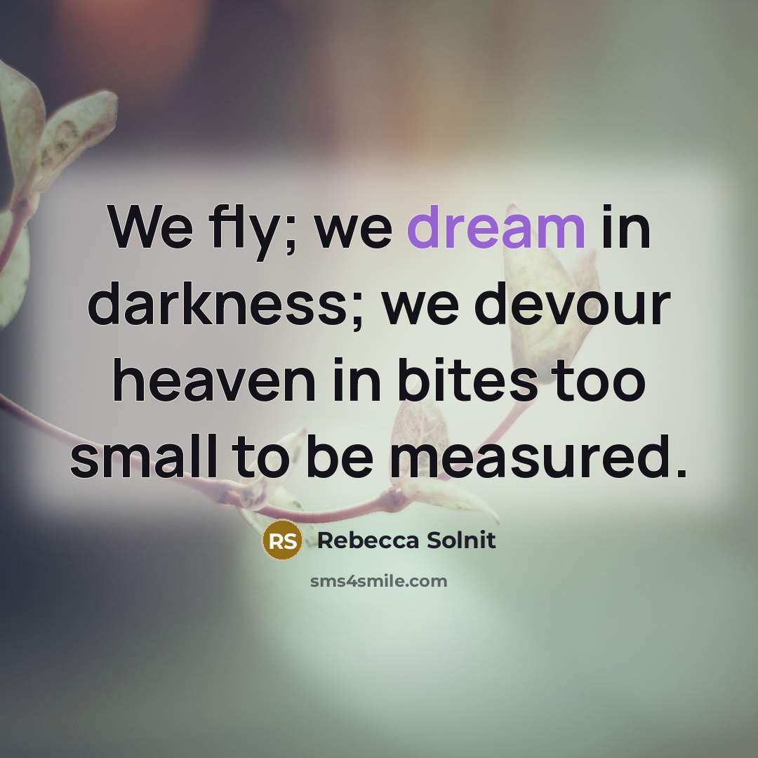 “We fly; we dream in darkness; we devour heaven in…” quote by Rebecca Solnit