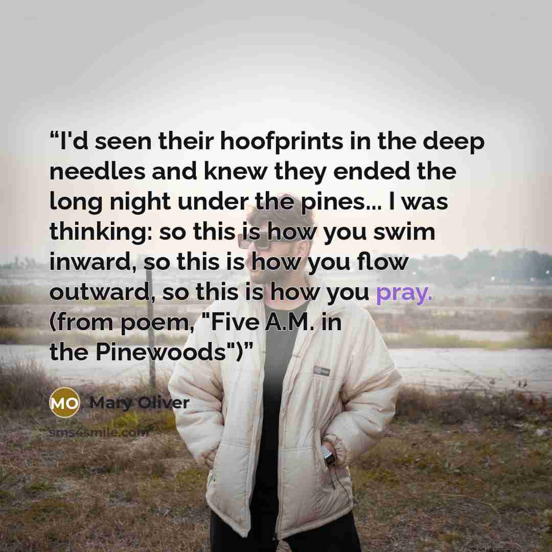 “I'd seen their hoofprints in the deep needles and knew they ended the long night under the pines... I was thinking: so this is how you swim inward, so this is how you flow outward, so this is how you pray. (from poem, "Five A.M. in the Pinewoods")” quote by Mary Oliver