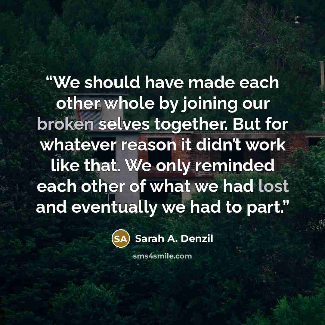 “We should have made each other whole by joining our broken selves together. But for whatever reason it didn’t work like that. We only reminded each other of what we had lost and eventually we had to part.” quote by Sarah A. Denzil