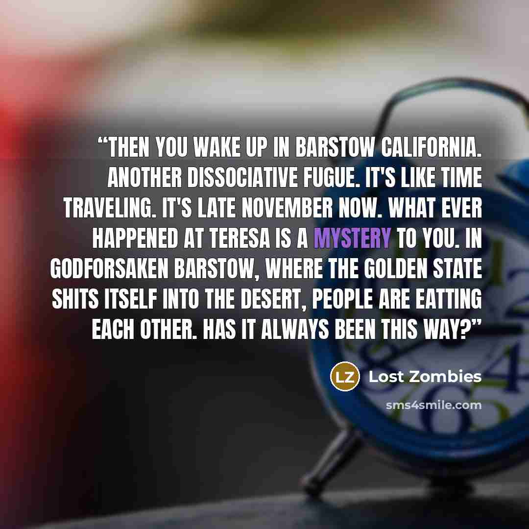 “Then you wake up in Barstow California. Another dissociative fugue. It's like time traveling. It's late November now. What ever happened at teresa is a mystery to you. In Godforsaken Barstow, where the golden state shits itself into the desert, people are eatting each other. Has it always been…” quote by Lost Zombies