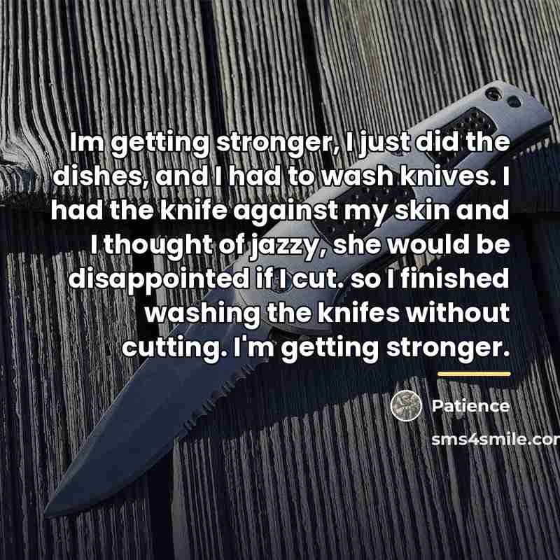 “Im getting stronger, I just did the dishes, and I…” quote by Patience