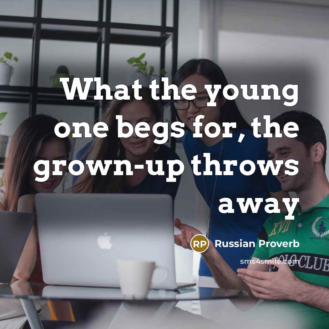 “What the young one begs for, the grown-up throws away” quote by Russian Proverb