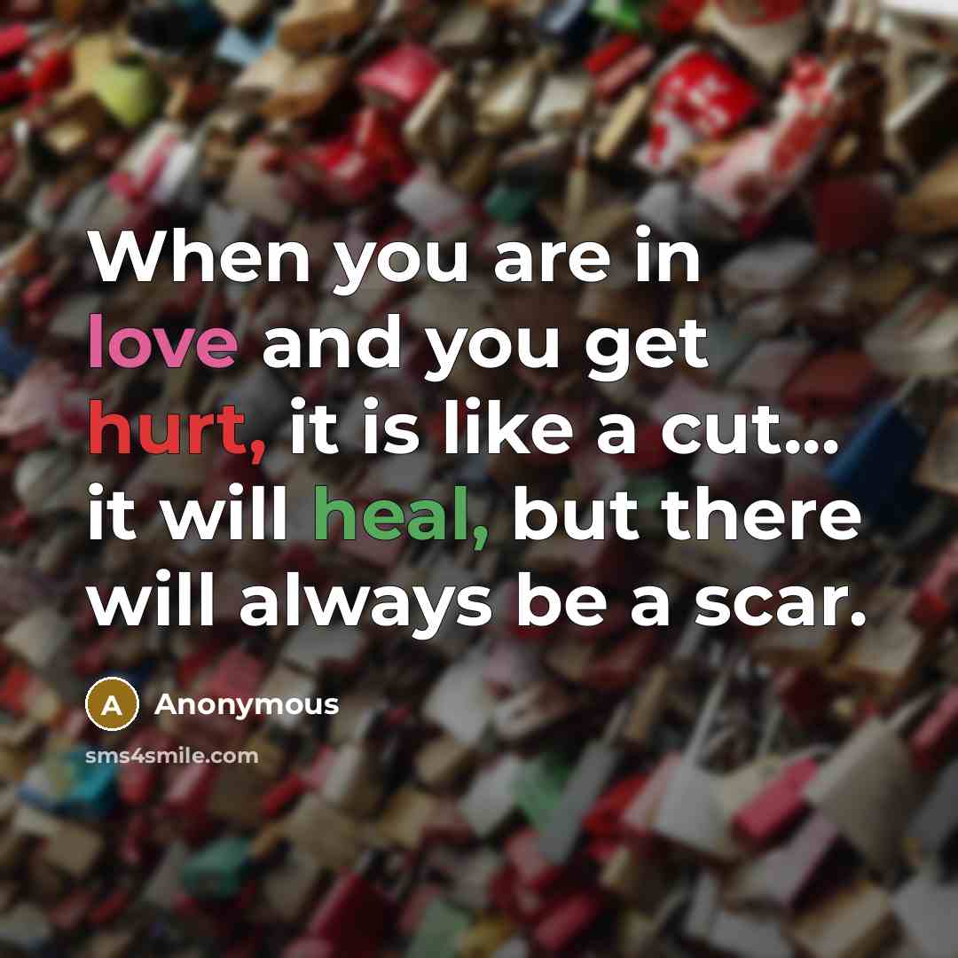 “When you are in love and you get hurt, it is like a cut... it will heal, but there will always be a scar.” quote by Anonymous