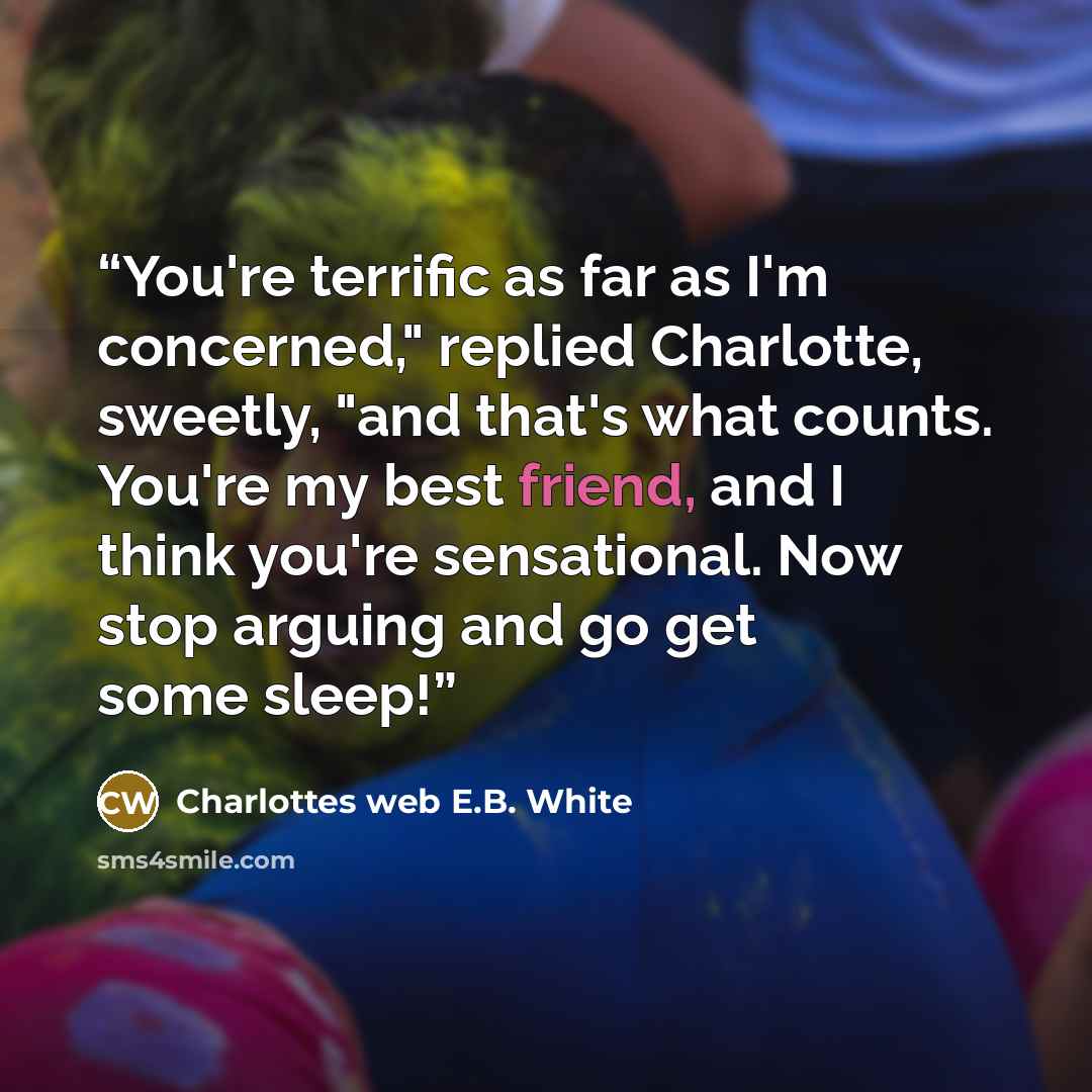 “You're terrific as far as I'm concerned," replied Charlotte, sweetly, "and that's what counts. You're my best friend, and I think you're sensational. Now stop arguing and go get some sleep!” quote by Charlottes web E.B. White
