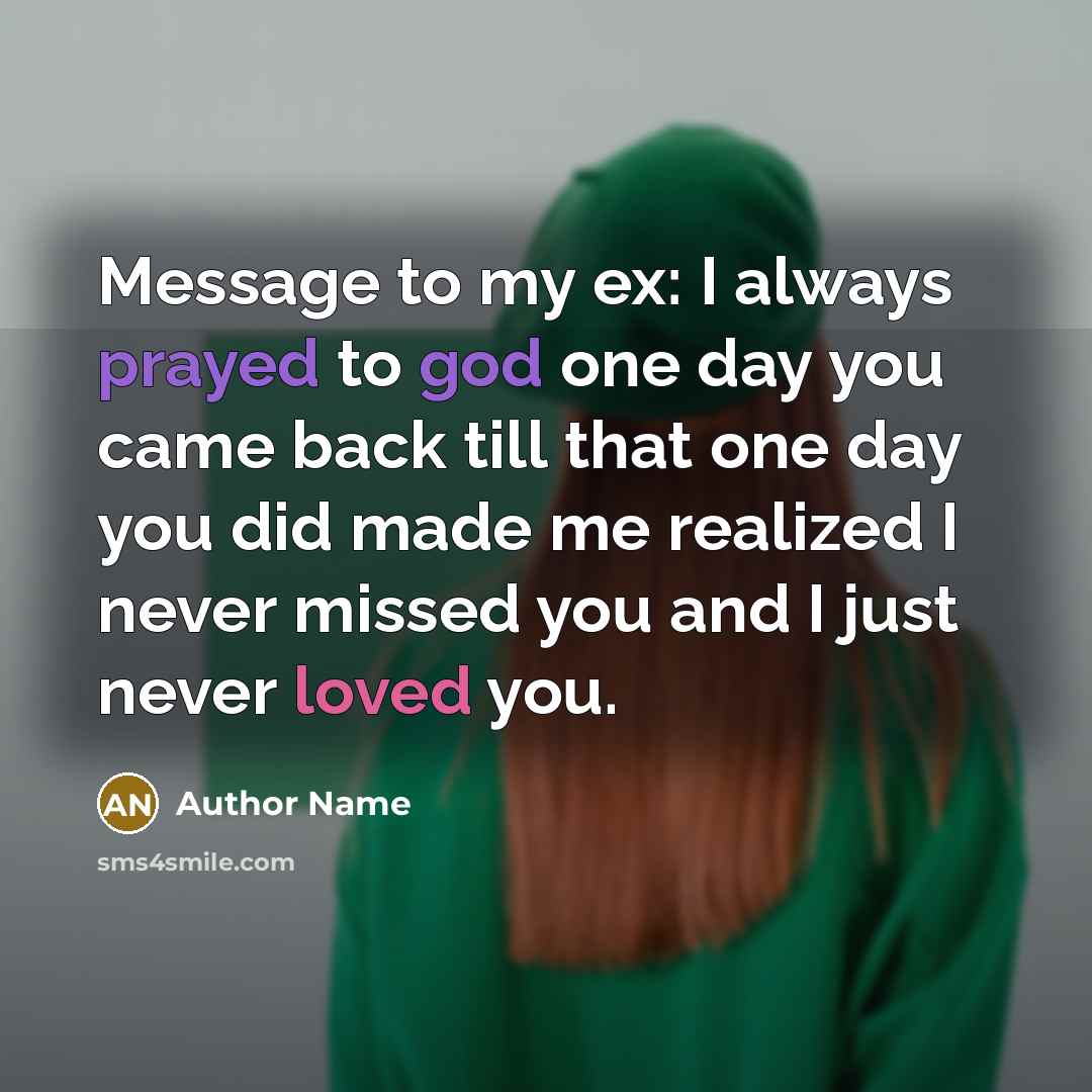 “Message to my ex: I always prayed to god one day you came back till that one day you did made me realized I never missed you and I just never loved you.” quote by Author Name