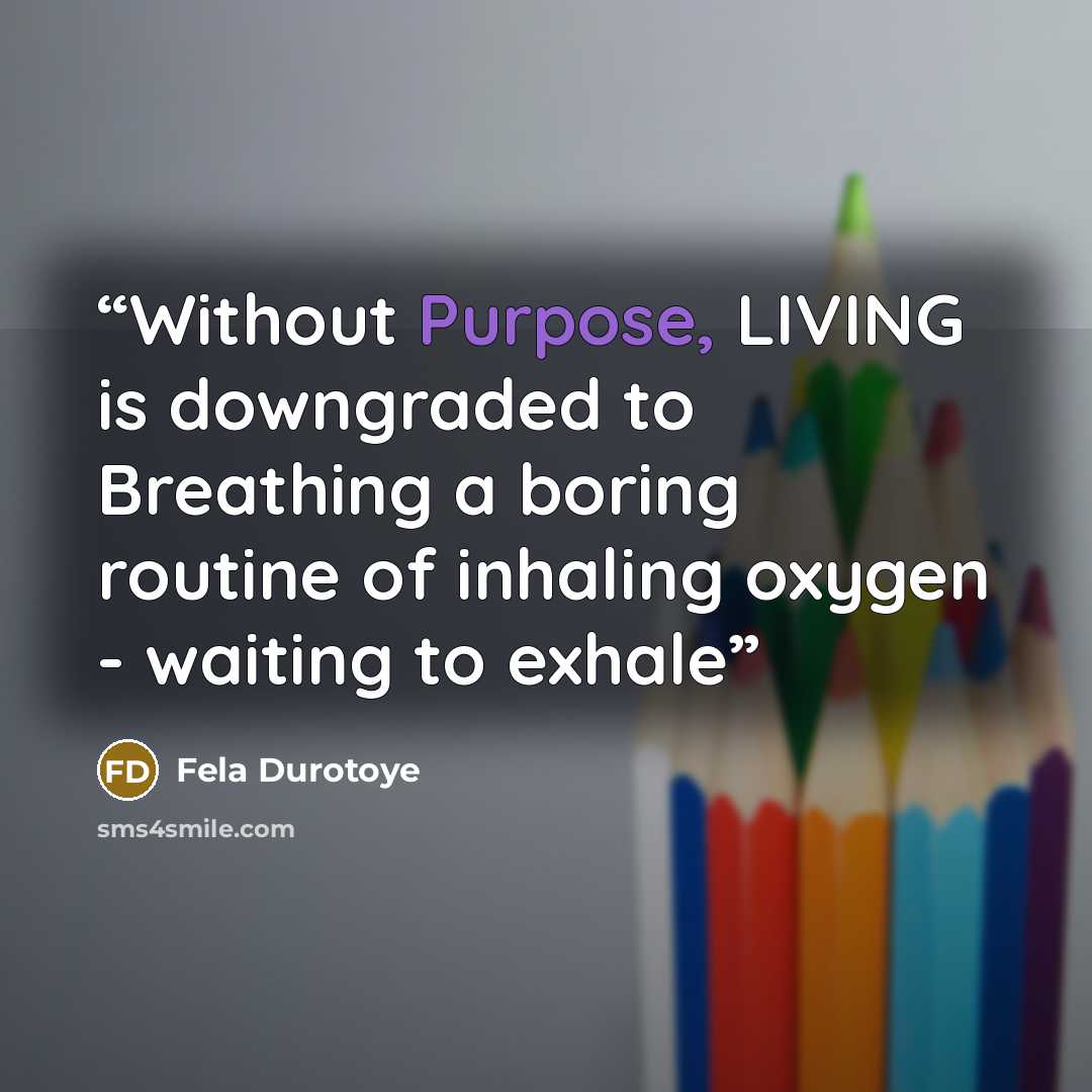 “Without Purpose, LIVING is downgraded to Breathing a boring routine of inhaling oxygen - waiting to exhale” quote by Fela Durotoye