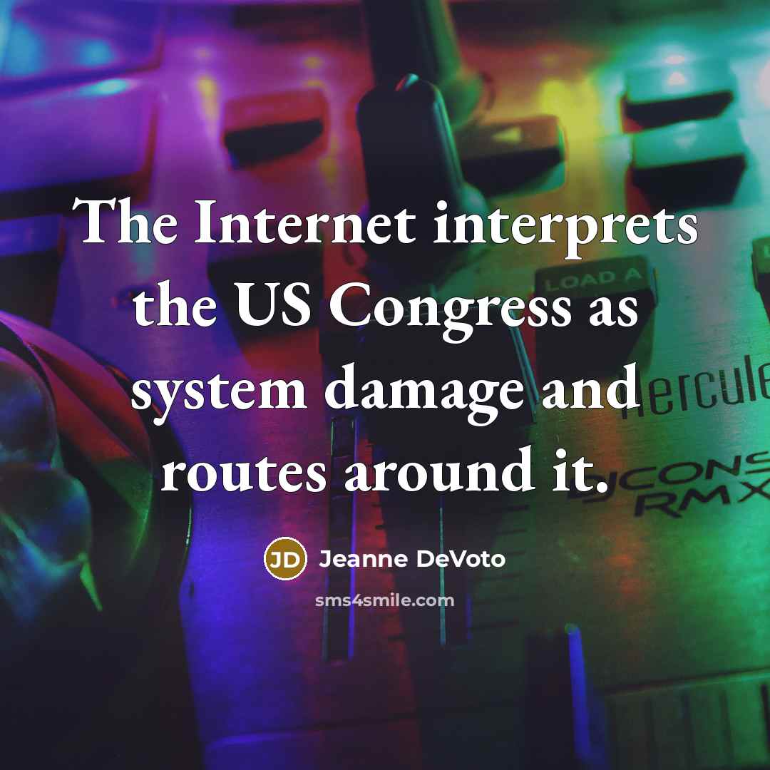 “The Internet interprets the US Congress as system damage and routes around it.” quote by Jeanne DeVoto