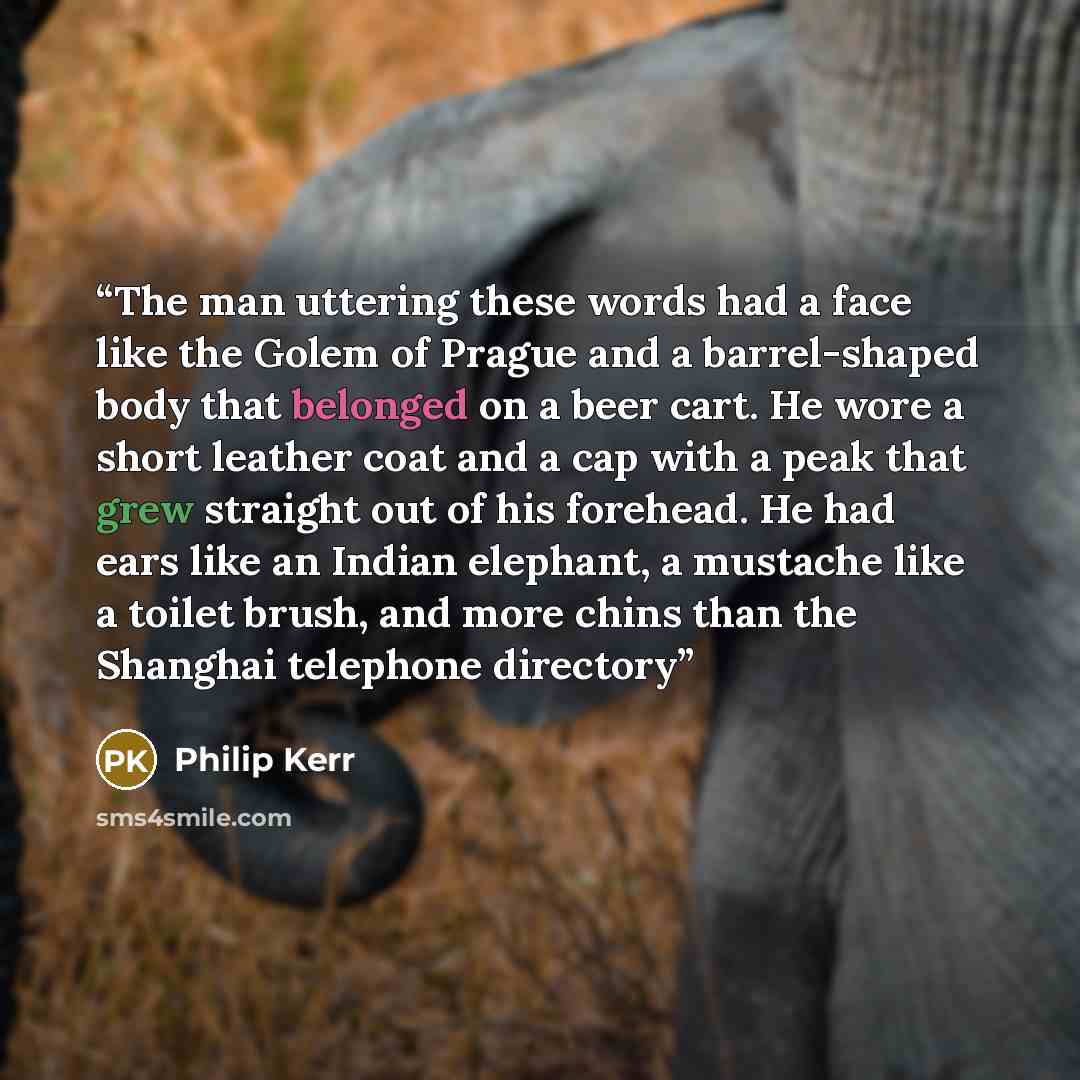 “The man uttering these words had a face like the Golem of Prague and a barrel-shaped body that belonged on a beer cart. He wore a short leather coat and a cap with a peak that grew straight out of his forehead. He had ears like an Indian elephant, a mustache like a toilet brush, and more chins…” quote by Philip Kerr