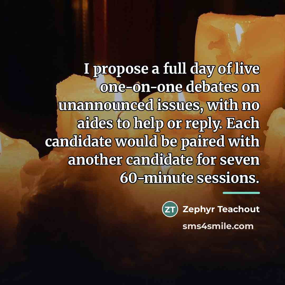 “I propose a full day of live one-on-one debates on…” quote by Zephyr Teachout